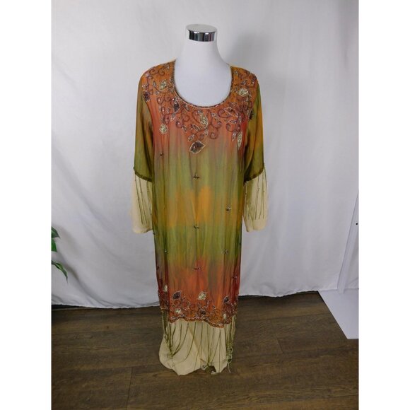 Boho Beaded Maxi Dress Womens 3 Embroidered Ombre Fringe Festival Summer Flowy - Picture 1 of 12